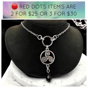 🔴Necklace stainless steel cable link chain celtic charm & dangly black crystal